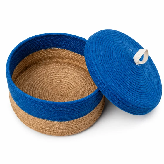Jute and Polycotton Storage Basket with Lid, 8 x 3 Inch — open interior