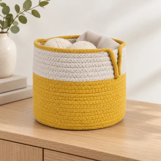 Round Cotton Rope Laundry Basket in Yellow — Household use