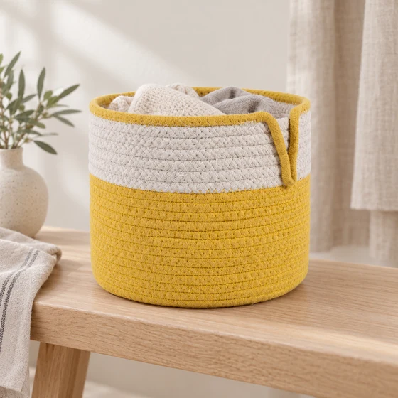 Round Cotton Rope Laundry Basket in Yellow — Laundry use