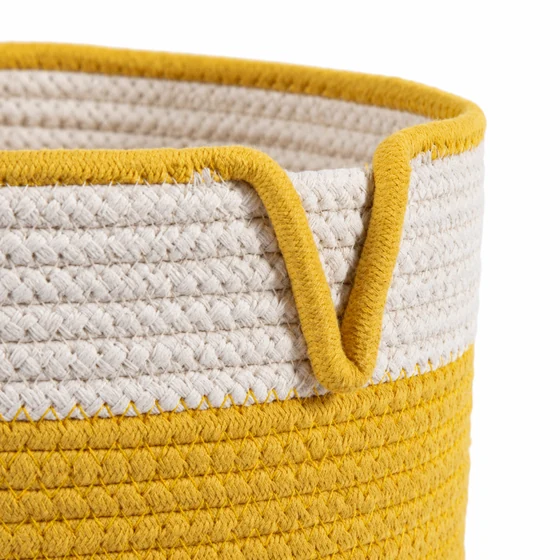 Round Cotton Rope Laundry Basket in Yellow — Rim loop detail