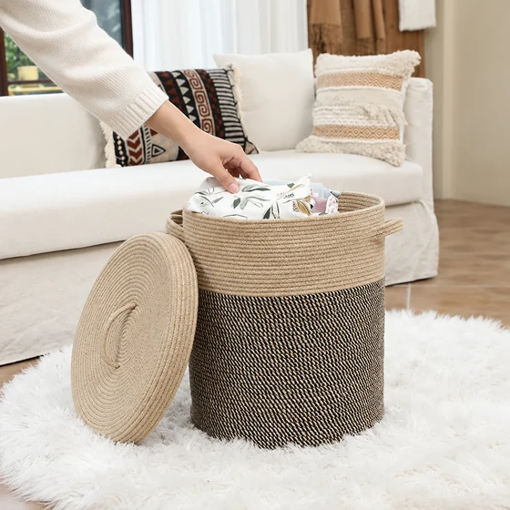 Cotton Rope Laundry Basket with Lid, 35 x 35 x 45 cm — In hand