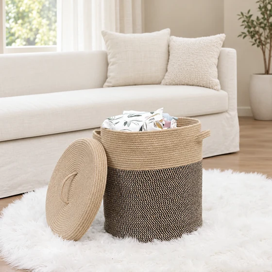 Cotton Rope Laundry Basket with Lid, 35 x 35 x 45 cm — Household storage use