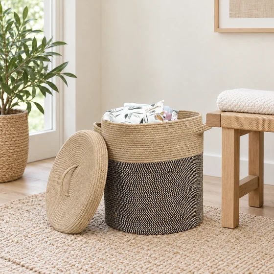 Cotton Rope Laundry Basket with Lid, 35 x 35 x 45 cm — Laundry use