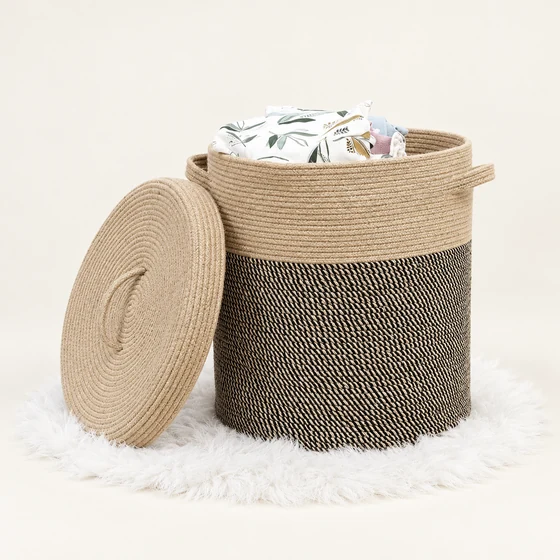 Cotton Rope Laundry Basket with Lid, 35 x 35 x 45 cm — Main open lid