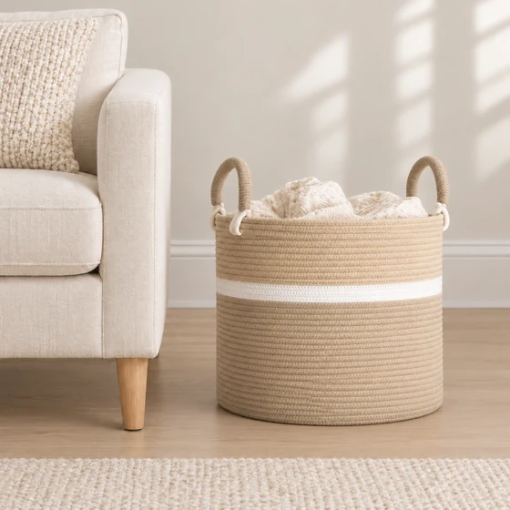 Round Rope Laundry Basket, Brown — Blanket storage use