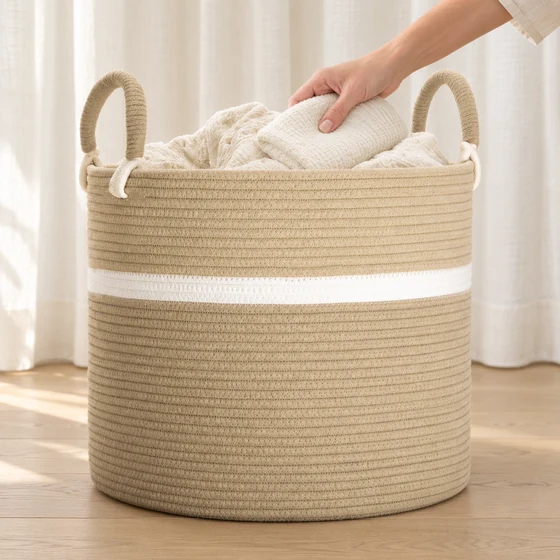 Round Rope Laundry Basket, Brown — In hand