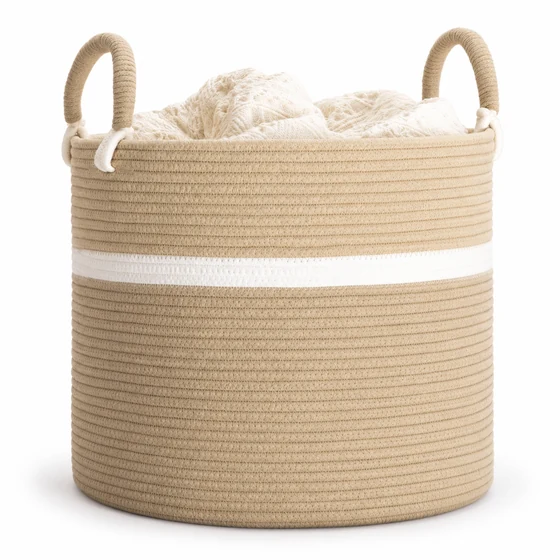 Round Rope Laundry Basket, Brown — Main filled