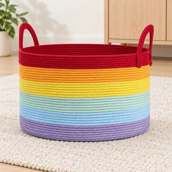 Large Rainbow Cotton Rope Storage Basket, 32 x 54 cm — Empty room context