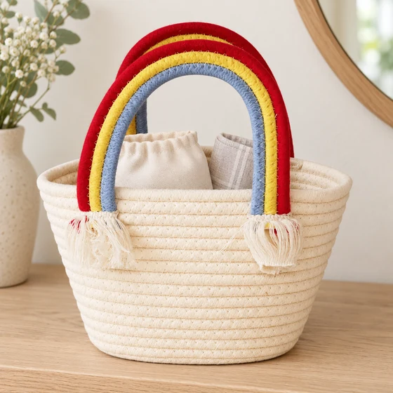 Small Polycotton Rope Basket Handbag, Rainbow Clouds — Everyday use