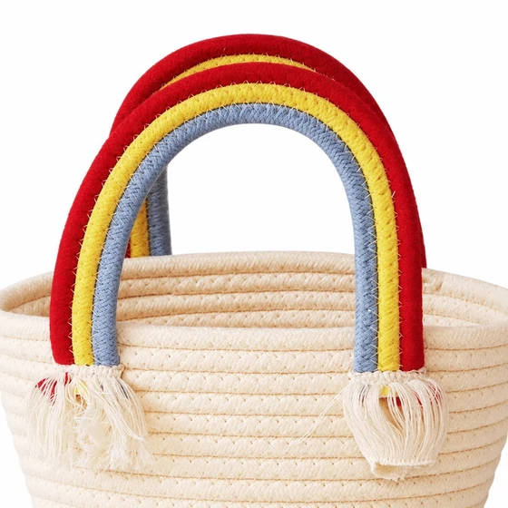 Small Polycotton Rope Basket Handbag, Rainbow Clouds — Handle fringe detail