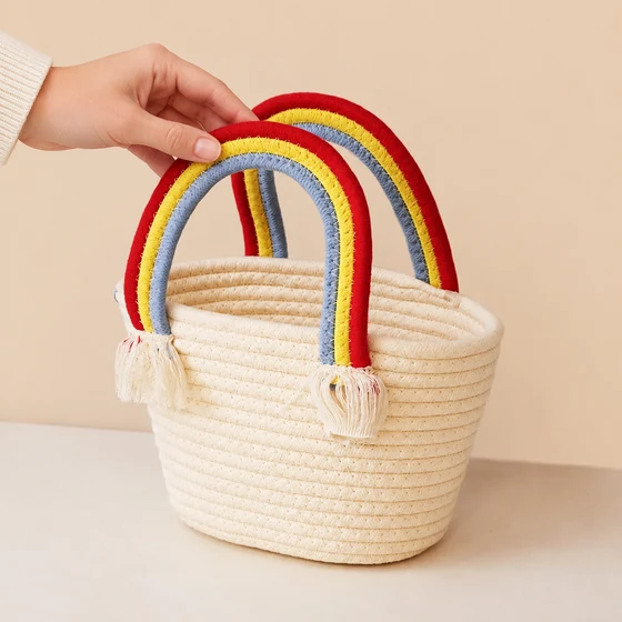 Small Polycotton Rope Basket Handbag, Rainbow Clouds — In hand