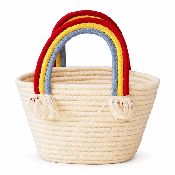 Small Polycotton Rope Basket Handbag, Rainbow Clouds — Main front