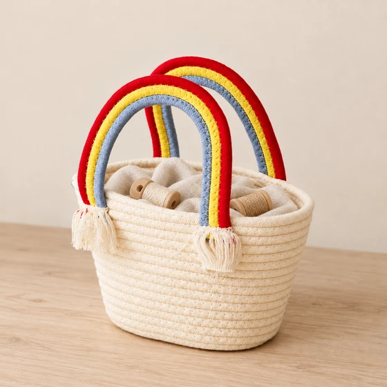 Small Polycotton Rope Basket Handbag, Rainbow Clouds — Project storage use