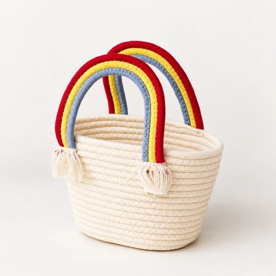 Small Polycotton Rope Basket Handbag, Rainbow Clouds — Three quarter