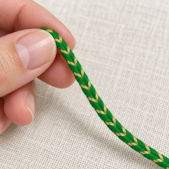 4 mm Bright Green and Gold Metallic Choti Braided Trim — In hand