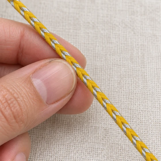 4 mm Bright Yellow and Silver Metallic Choti Braided Trim — In hand