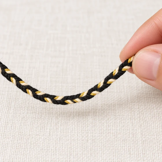 4 mm Black, Gold and Cream Choti Dori Braided Trim — In hand