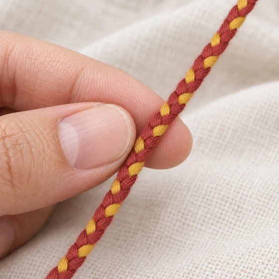 4 mm Brick Red and Yellow Choti Braided Trim — In hand