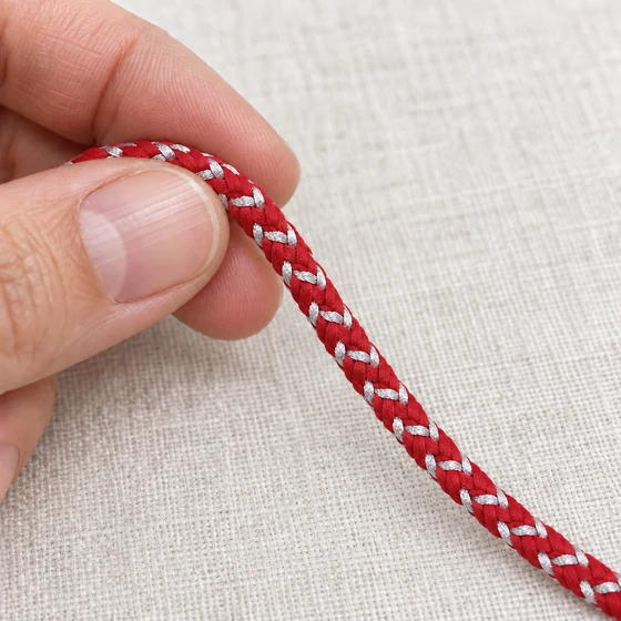 Bright Red and Silver Metallic Choti Braided Trim — In hand