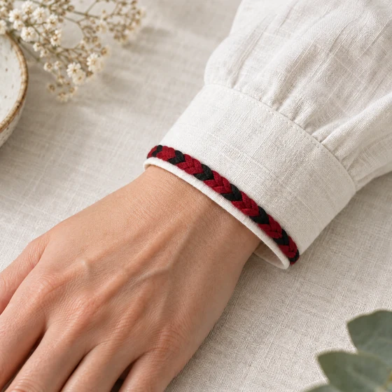 Black and Deep Red Checked Choti Braided Trim — Cuff edging idea