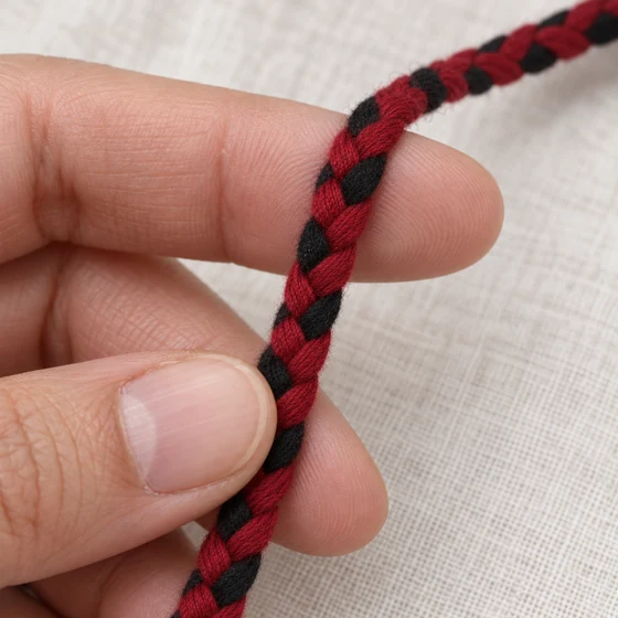 Black and Deep Red Checked Choti Braided Trim — In hand