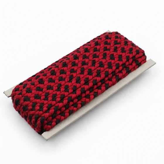 Black and Deep Red Checked Choti Braided Trim — Sample card