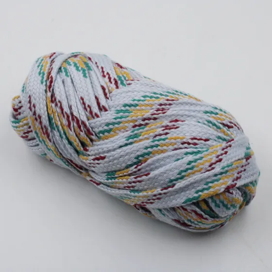 Pale Grey-White Flat Drawstring Cord with Maroon, Green and Yellow