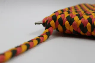Coral Peach, Golden Yellow and Near-Black Choti Dori Braided Trim sample, design MT-0626CF06, view 5