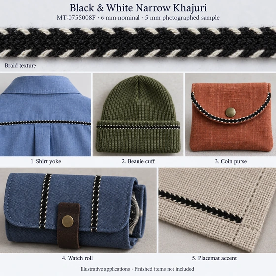 Black and White Narrow Khajuri Braided Trim — Shirt yoke, Beanie cuff, Coin purse, Watch roll, Placemat accent