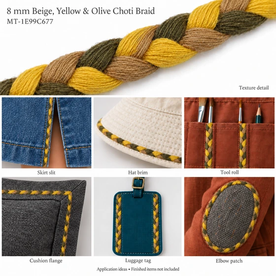 8 mm Beige, Yellow and Olive Green Choti Braided Trim — Skirt slit, Hat brim, Tool roll, Cushion flange, Luggage tag, Elbow patch