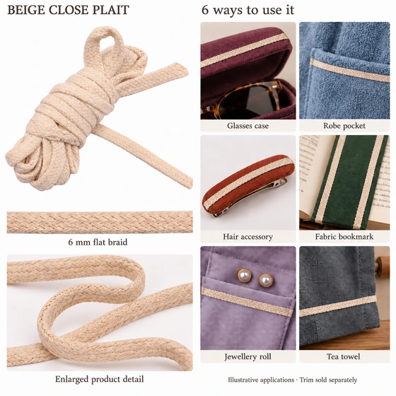 6 mm Beige Braid Trim, Narrow Close Plait — Glasses case, Robe pocket, Hair accessory, Fabric bookmark, Jewellery roll, Tea towel