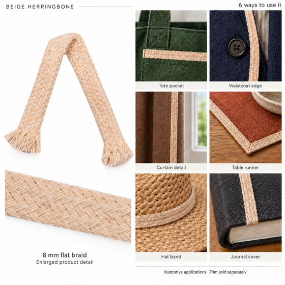 8 mm Beige Bold Herringbone Flat Braided Trim — Tote pocket, Waistcoat edge, Curtain detail, Table runner, Hat band, Journal cover