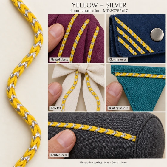 4 mm Bright Yellow and Silver Metallic Choti Braided Trim — Pleated sleeve, Clutch corner, Bow tail, Bunting header, Bolster seam