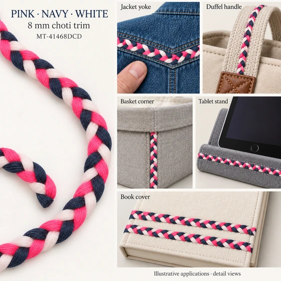 8 mm Bright Pink, Dark Navy and White Choti Dori Braided Trim — Jacket yoke, Duffel handle, Basket corner, Tablet stand, Book cover
