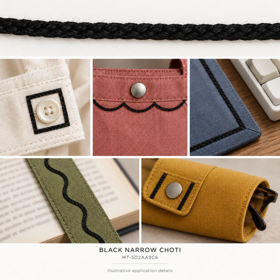 3 mm Black Narrow Choti Braided Trim — Cuff frame, Bag scallops, Desk-mat border, Bookmark wave, Glasses wrap