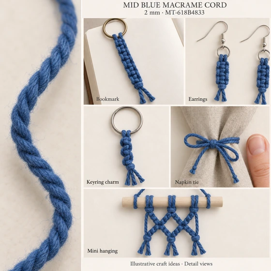 2 mm Mid Blue 2-Ply Spun Polyester Twisted Macrame Cord — Bookmark, Earrings, Keyring charm, Napkin tie, Mini hanging