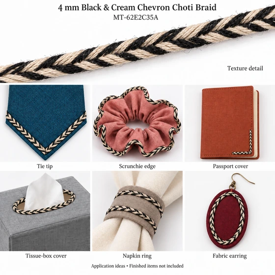 4 mm Black and Cream Chevron Choti Braided Trim — Tie tip, Scrunchie edge, Passport cover, Tissue-box cover, Napkin ring, Fabric earring