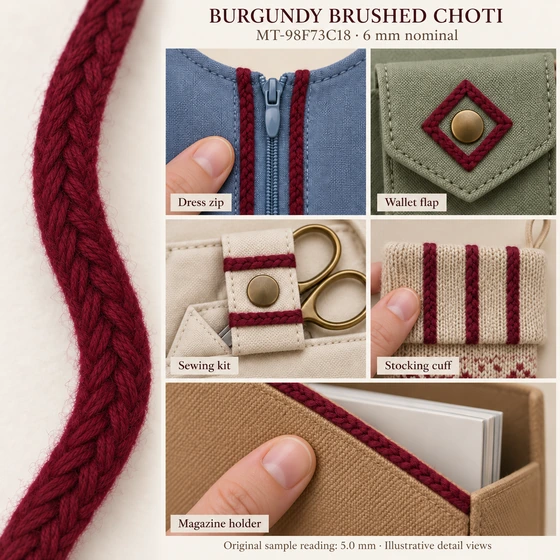 Burgundy Maroon Brushed Choti Braided Trim — Dress zip, Wallet flap, Sewing kit, Stocking cuff, Magazine holder