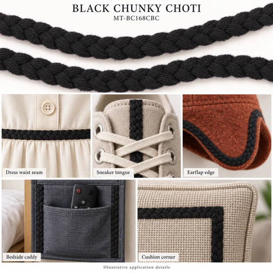 8 mm Black Chunky Chevron Choti Braided Trim — Dress waist seam, Sneaker tongue, Earflap edge, Bedside caddy, Cushion corner