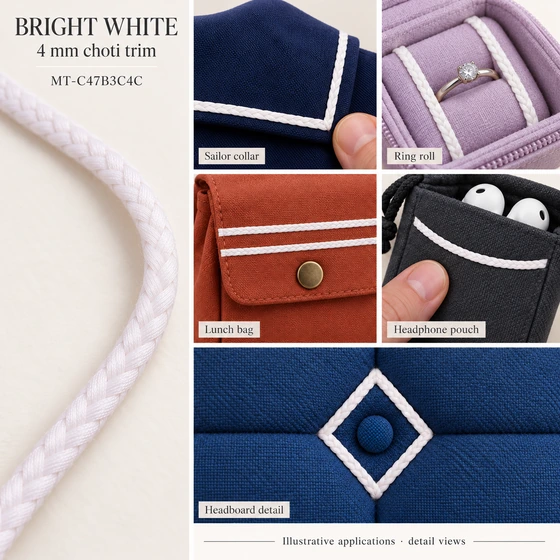 4 mm Bright White Chevron Choti Braided Trim — Sailor collar, Ring roll, Lunch bag, Headphone pouch, Headboard detail