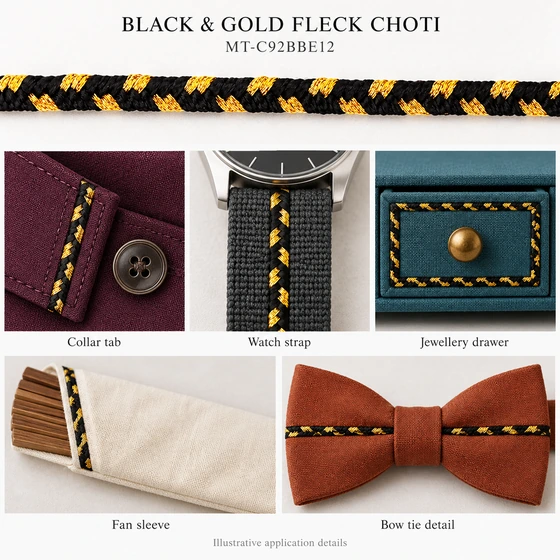 4 mm Black Fine Choti Braided Trim with Gold Flecks — Collar tab, Watch strap, Jewellery drawer, Fan sleeve, Bow tie detail