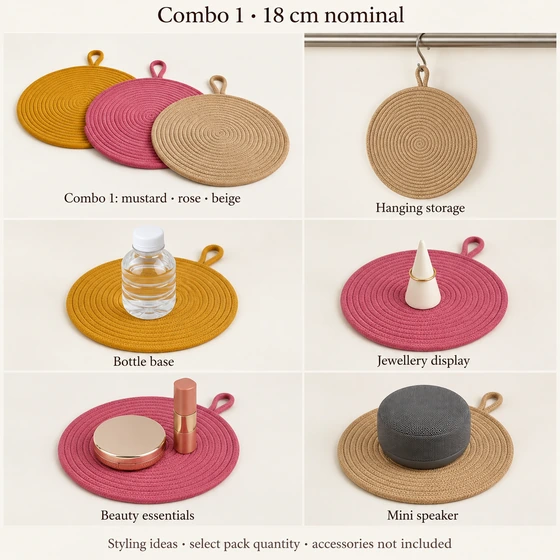 Decorative Rope Mats, 18 cm, Sets of 3 or 6 — Hanging storage, Bottle base, Jewellery display, Beauty essentials, Mini speaker