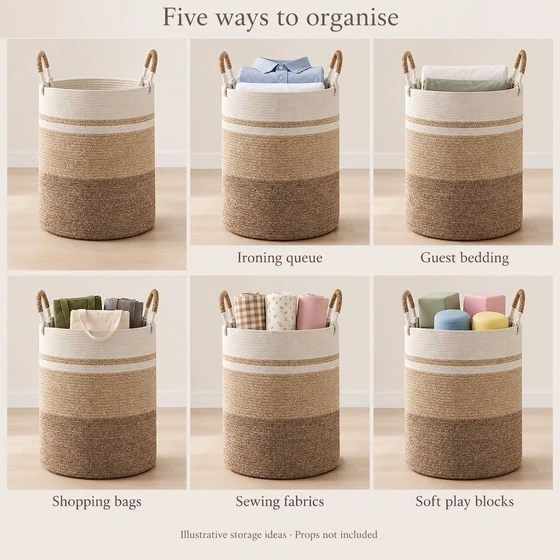 Large Cotton Rope Laundry Basket with Handles, 15 x 20 Inch — Ironing queue, Guest bedding, Shopping bags, Sewing fabrics, Soft play blocks