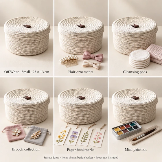 Off-White · Small · 23 × 13 cm — Hair ornaments, Cleansing pads, Brooch collection, Paper bookmarks, Mini paint kit