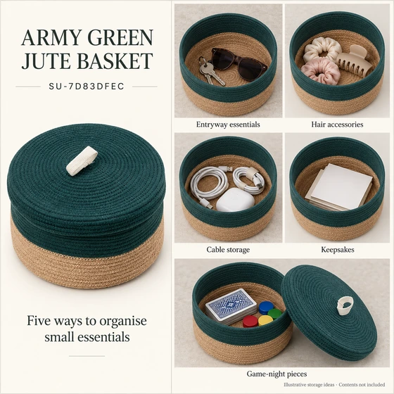 Army Green Jute Basket with Lid, 8 x 3 Inch — Entryway essentials, Hair accessories, Cable storage, Keepsakes, Game-night pieces