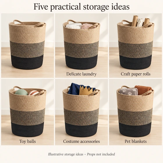 Large Rope Laundry Basket, Brown and Black — Delicate laundry, Craft paper rolls, Toy balls, Costume accessories, Pet blankets