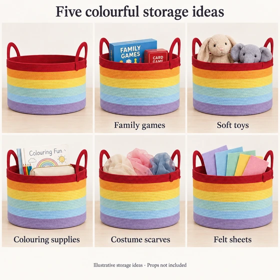 Large Rainbow Cotton Rope Storage Basket, 32 x 54 cm — Family games, Soft toys, Colouring supplies, Costume scarves, Felt sheets