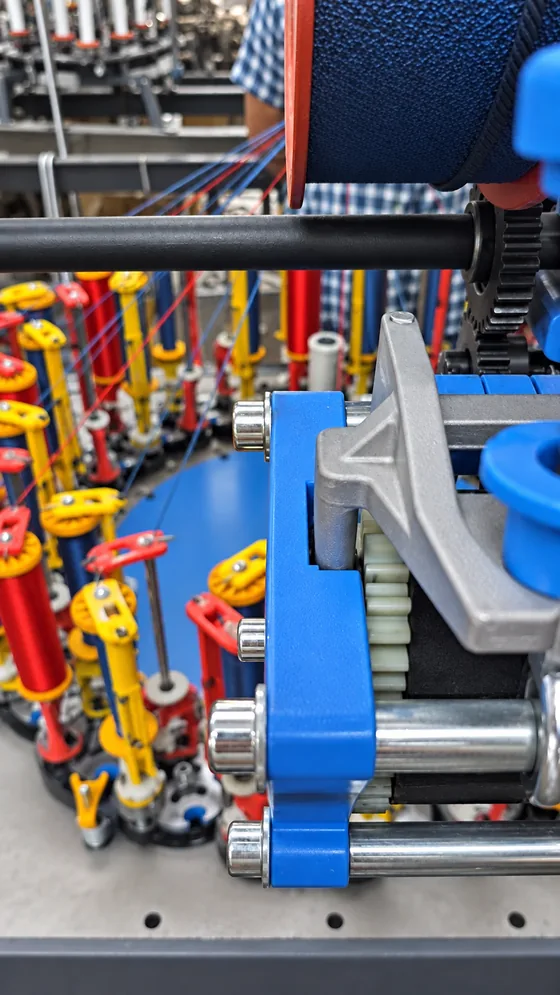 Blue cord take-up mechanism in our Jaipur factory