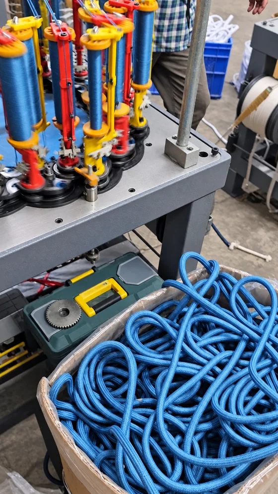 Blue cord braiding carriers in our Jaipur factory
