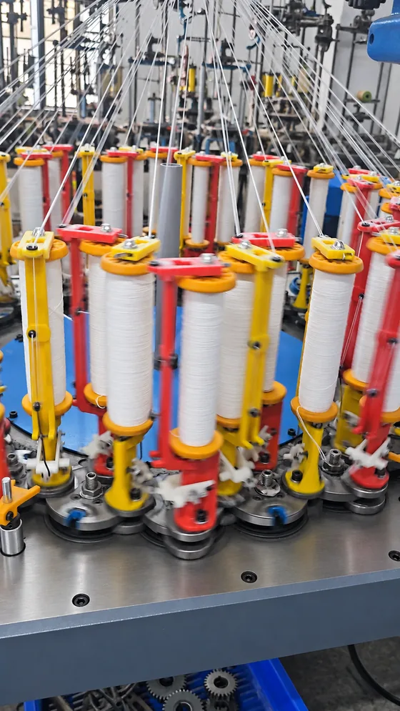 White yarn braiding carriers in our Jaipur factory